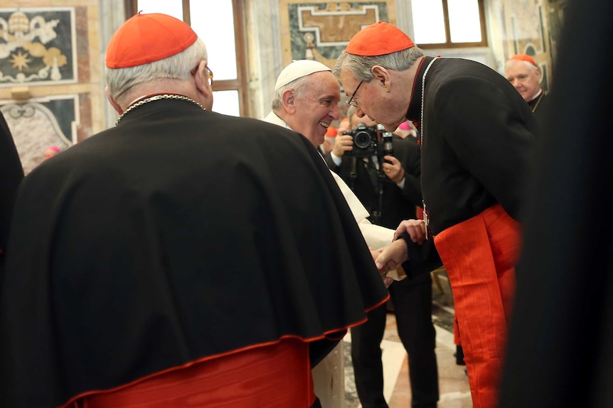 Pope Francis and Cardinal George Pell shake hands, surrounded by photographers and other cardinals.