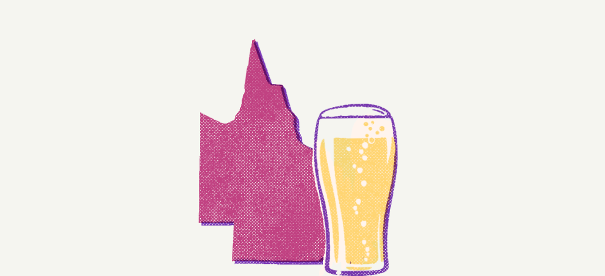 Collage showing a schooner of beer overlaid on a map of Queensland.