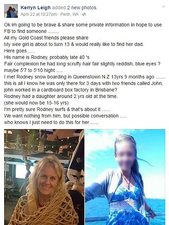 Facebook post of woman seeking the father of her 13yo daughter