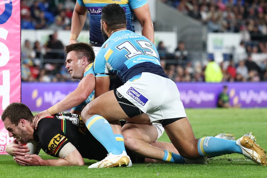 A Penrith Panthers NRL player scores a try against the Gold Coast Titans.
