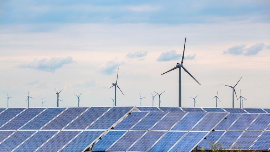 Artist's depiction of the Port Augusta wind farm, multiple turbines from a distance.