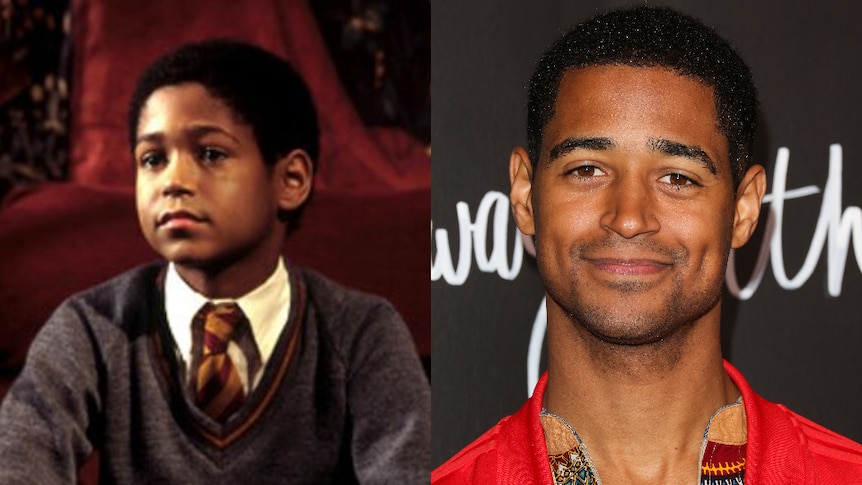 A composite image of Alfred Enoch on the red carpet and his character Dean Thomas.