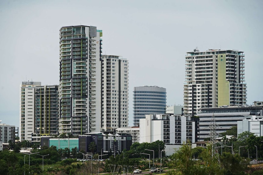 The Darwin skyline is seen on an overcast afternoon.