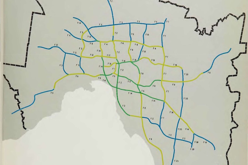 A map of greater Melbourne, with proposed freeways marked up