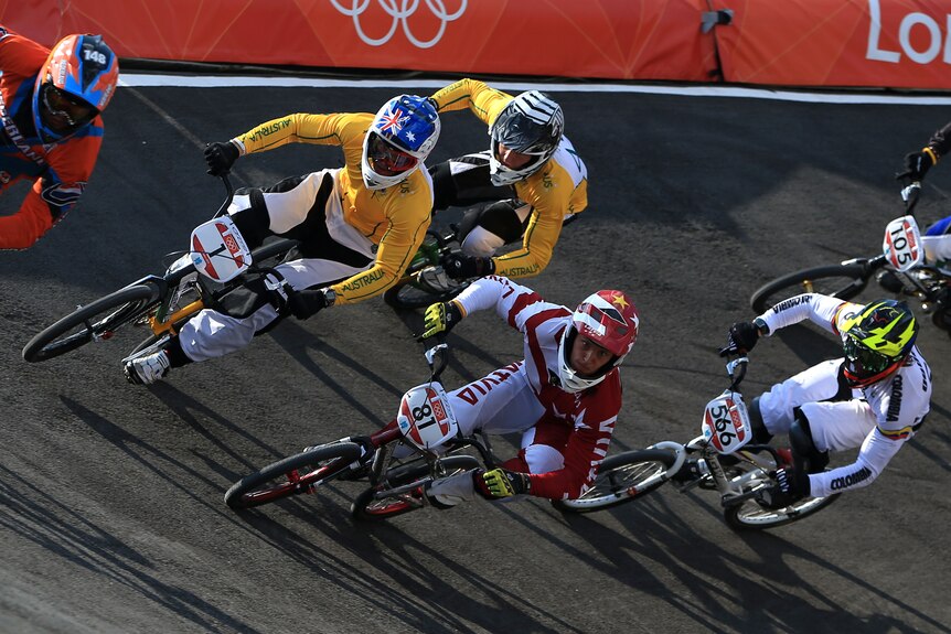 Sam Willoughby (L) and Brian Kirkham in action for Australia in the Olympic BMX competition