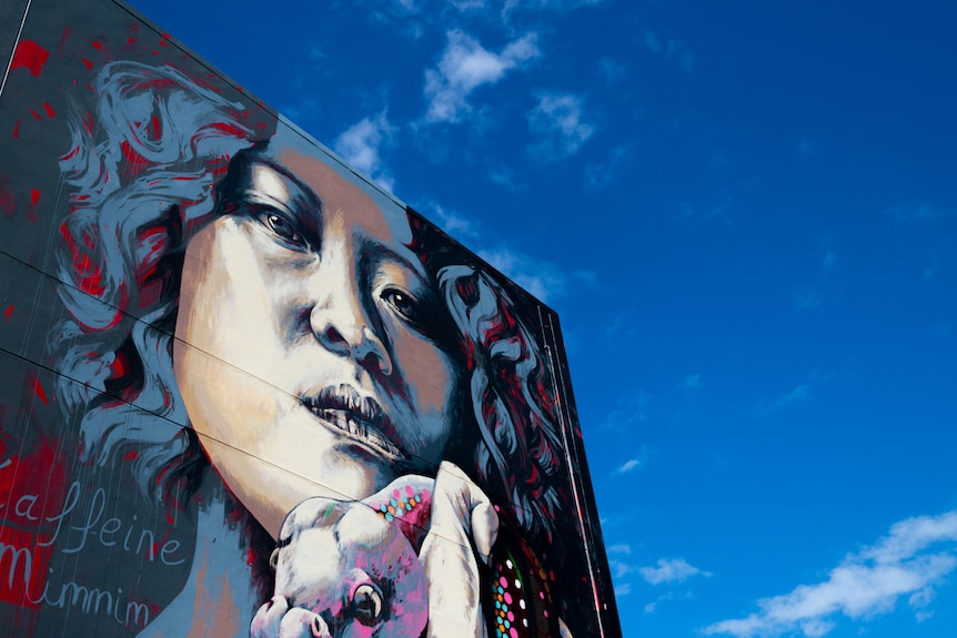 A mural of a woman's face painted on the side of a building, with blue sky in the background. 