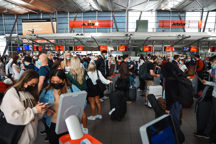 Hunderte von Menschen in Schlangenlinien in einem Flughafenterminal