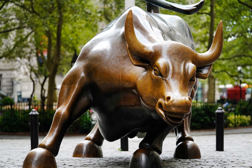 A bronze Charging Bull statue in New York