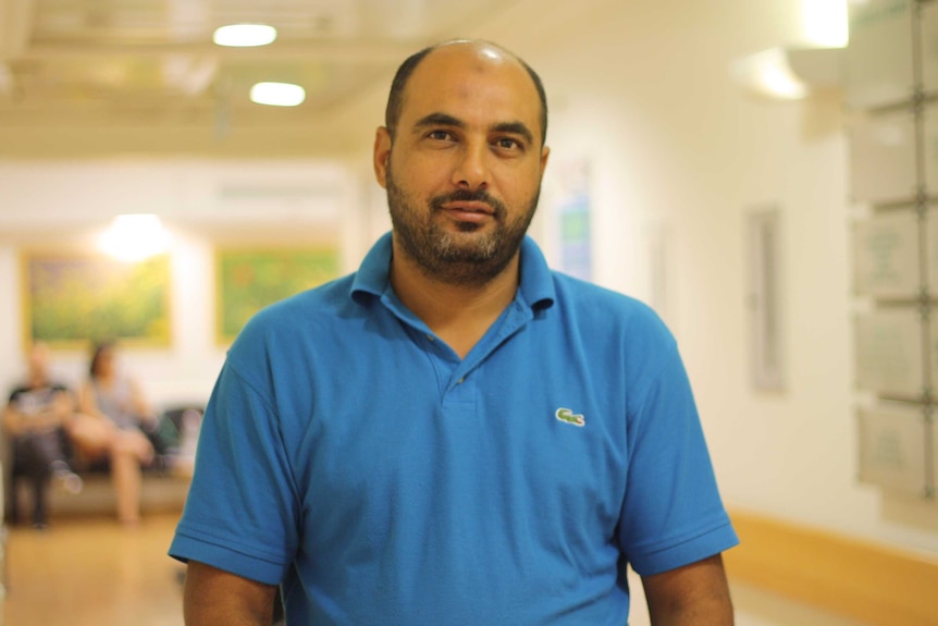 A 35-year-old Palestinian man, Muhammad, is photographed in the corridor of  Hadassah Ein Kerem hospital.