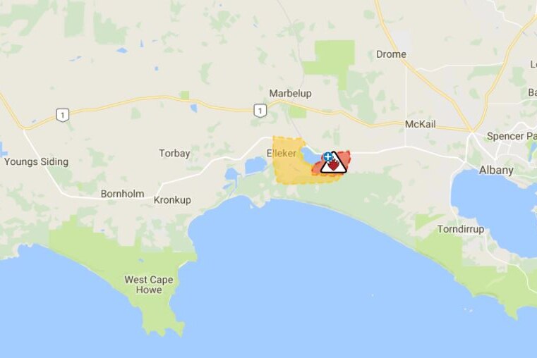 A map showing the bushfire zone east of Albany.