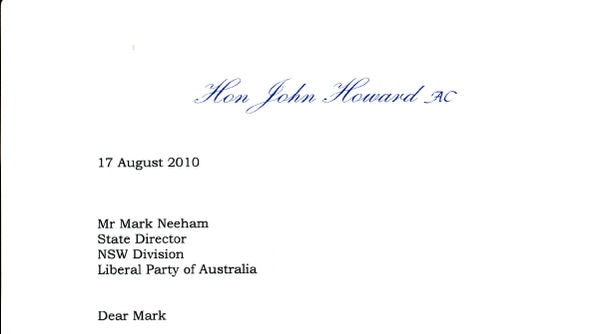 A letter from John Howard endorsing David Elliott