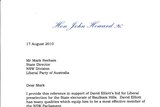 A letter from John Howard endorsing David Elliott