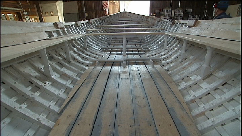 The shell of the Admiral, Australia's oldest boat, under restoration near Hobart.