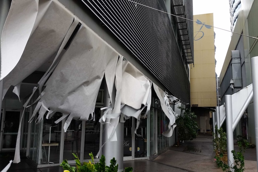 Shade cloths torn by Cyclone Marcus in Darwin.