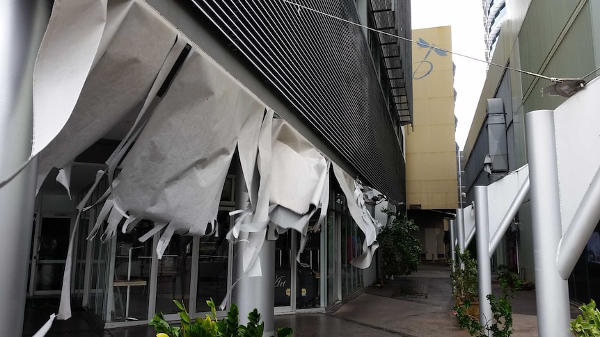 Shade cloths torn by Cyclone Marcus in Darwin.