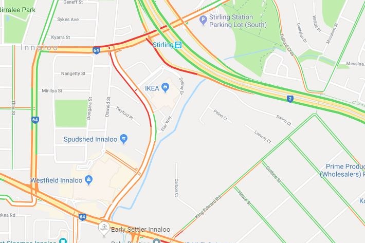 The Mitchell Freeway offramp at Cedric Street in Innaloo on Google Maps.