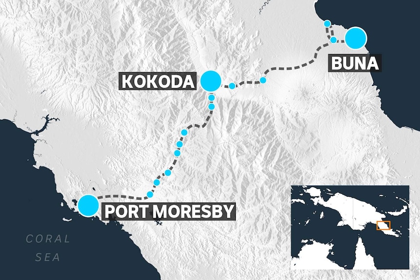 You few an illustrated map of the Kokoda trail from Port Moresby in south-eastern Papua New Guinea.