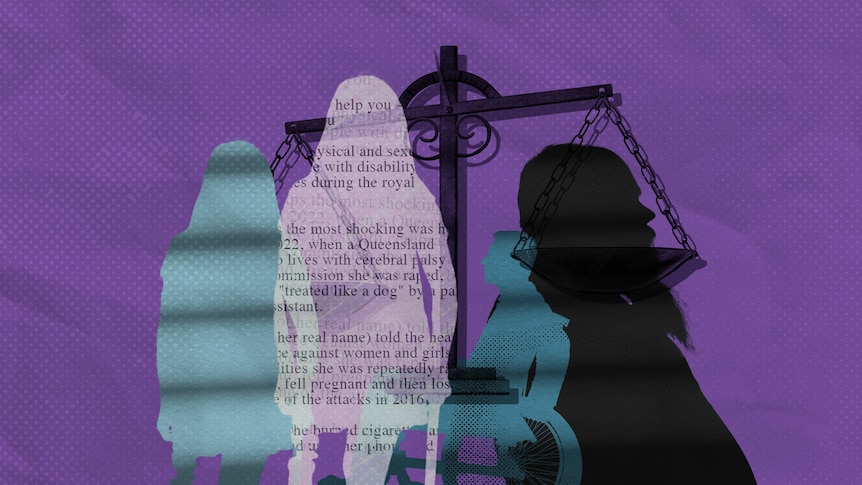 Silhouettes of four people are seen in front of a purple background and a set of scales of justice