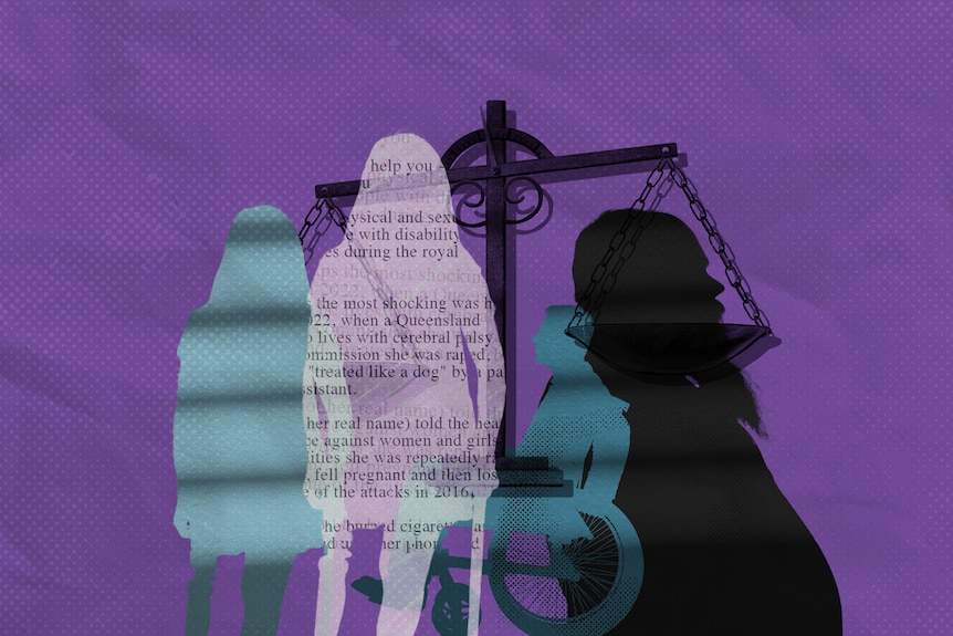 Silhouettes of four people are seen in front of a purple background and a set of scales of justice