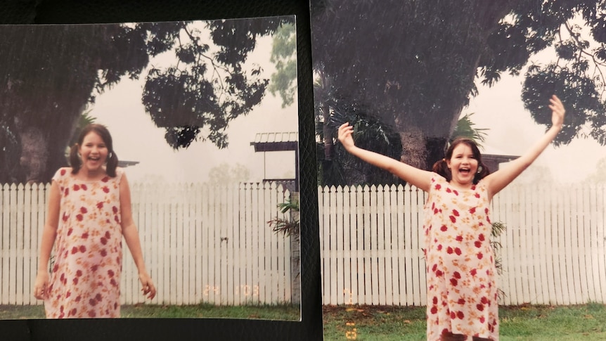 Ashley as a child, in one picture with her arms down, then another raised above her head smiling.