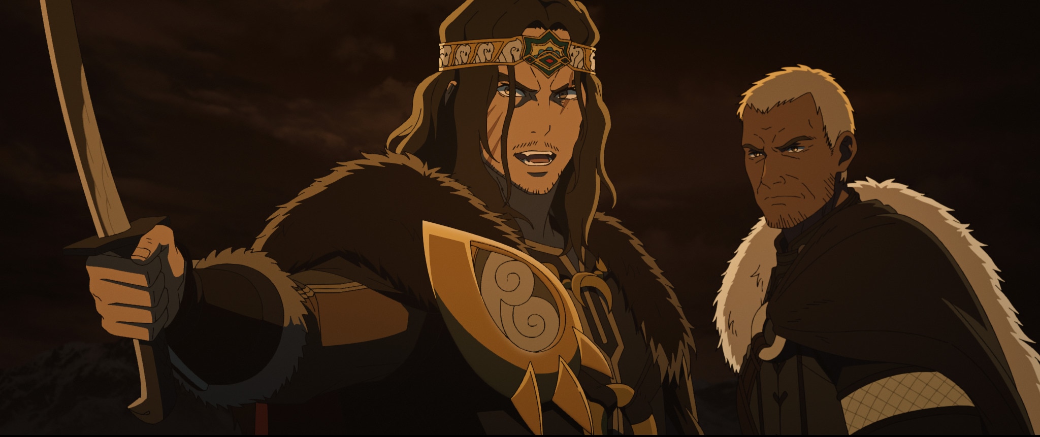 A still from an animated film showing two menacing looking armed men wearing fur