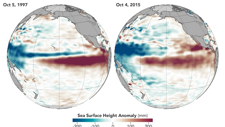 Pacific Ocean temperature maps comparing the 1997 and 2015 El Nino events showing similar temperature increases.