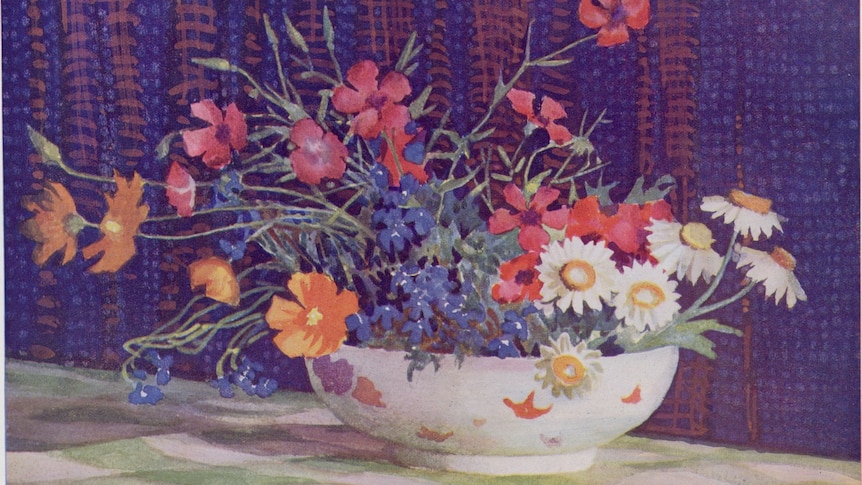 A watercolour painting of a wide bowl of flowers on a green chequered tablecloth.