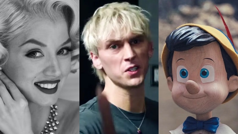 Close-ups of a beautiful blonde woman smiling in black and white, an angry blonde man, and a wooden CGI Pinocchio.