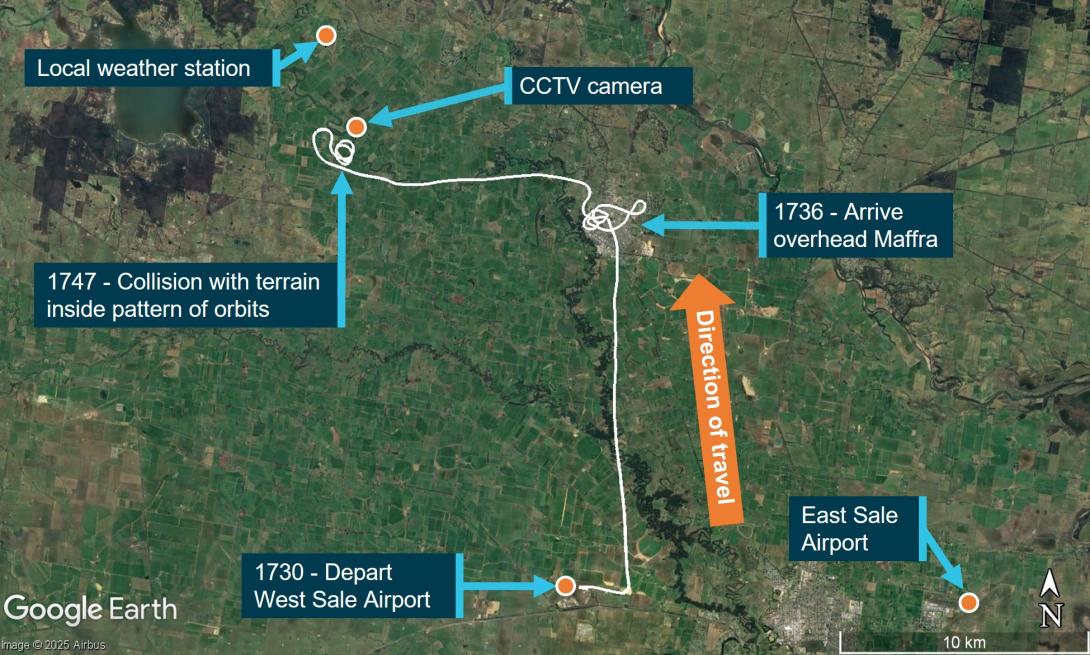Un mapa ATSB que muestra la trayectoria de vuelo de un avión antes de estrellarse en el este de Victoria.