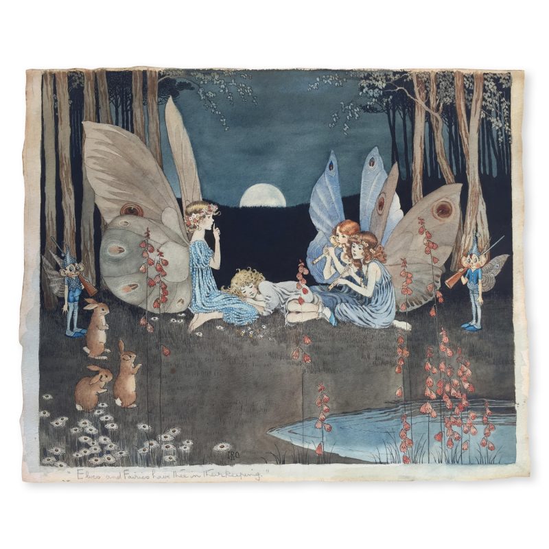 Illustration of fairies sitting and laying in a field