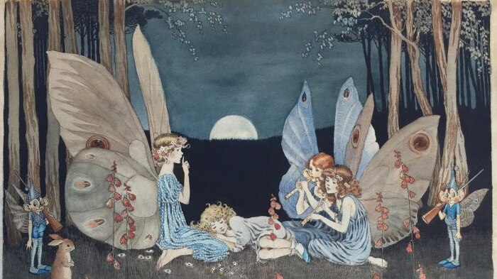 Illustration of fairies sitting and laying in a field