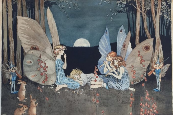 Illustration of fairies sitting and laying in a field
