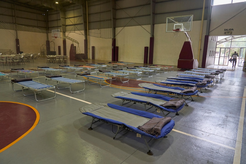 Rows of temporary beds line the floor in a gymnasium. 