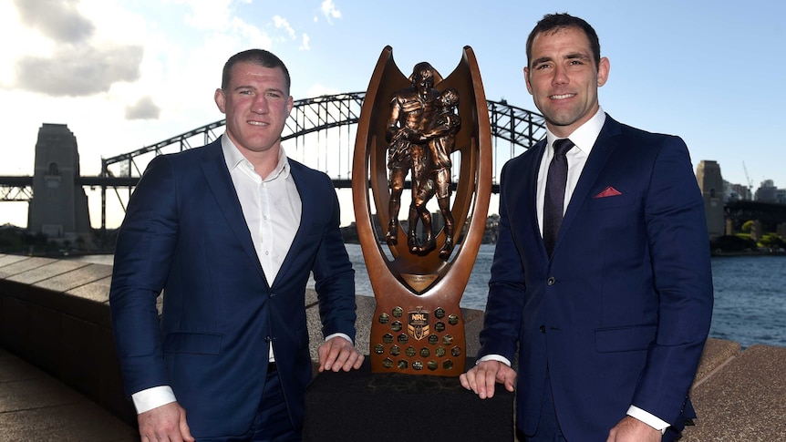 Cronulla's Paul Gallen (L) and Melbourne's Cameron Smith pose with the Provan-Summons trophy.