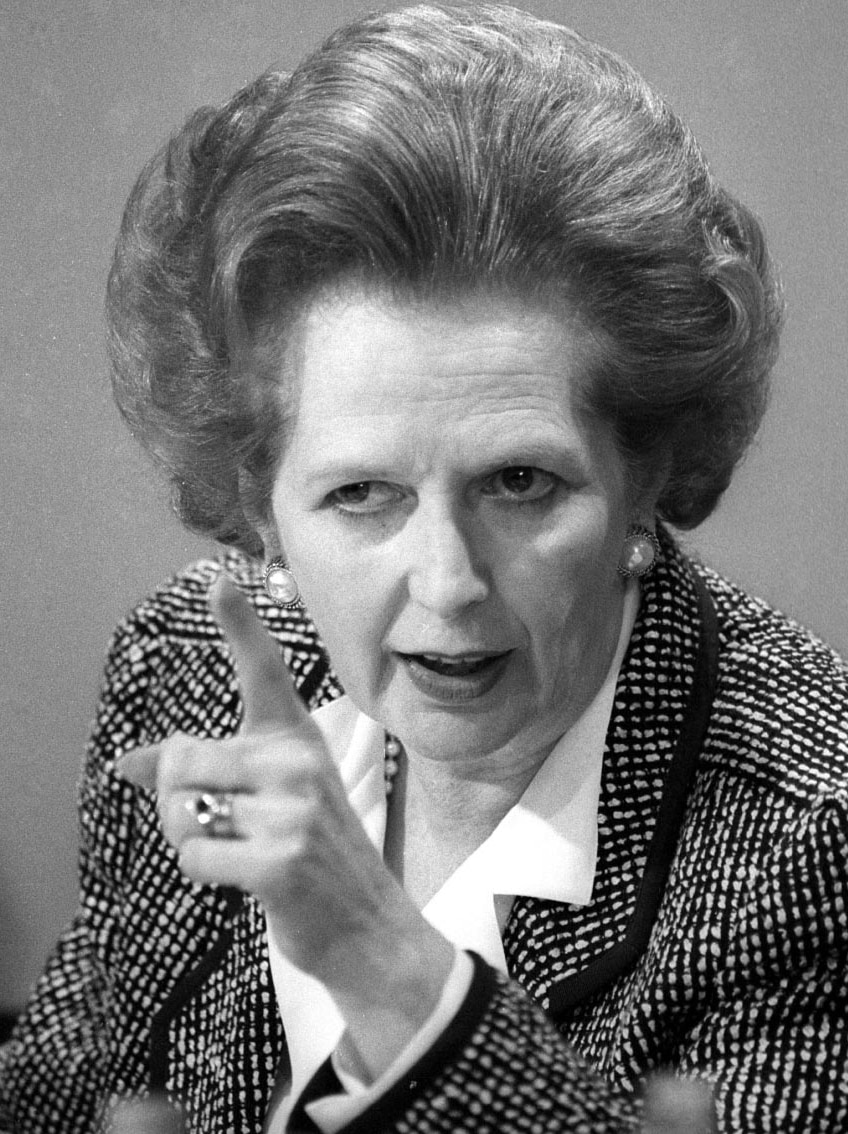 Margaret Thatcher answers questions in 1987.