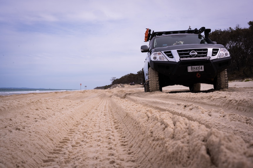 A 4WD drives along a beach.