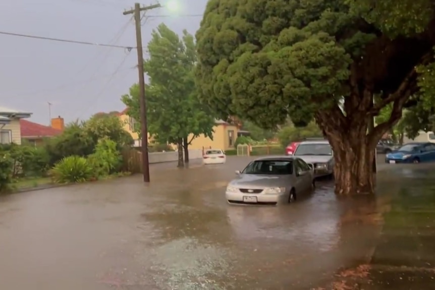 Floodwaters up to the doors of a car on a suburban street under grey and rainy skies.