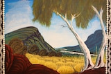 A vibrant painting of a hill, river and tree.