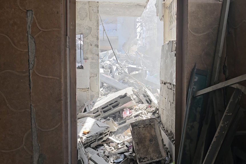 A view of rubble from inside a doorway in Gaza.
