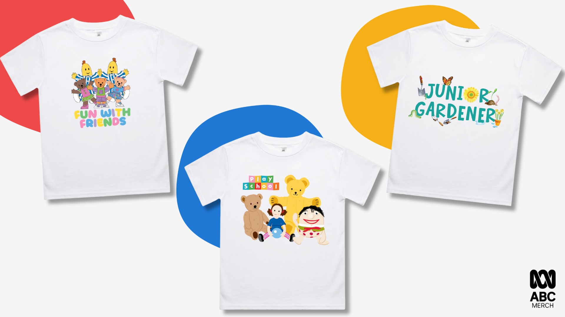 Two t-shirts, one with Bananas in Pyjamas and the other with the Play School clock.