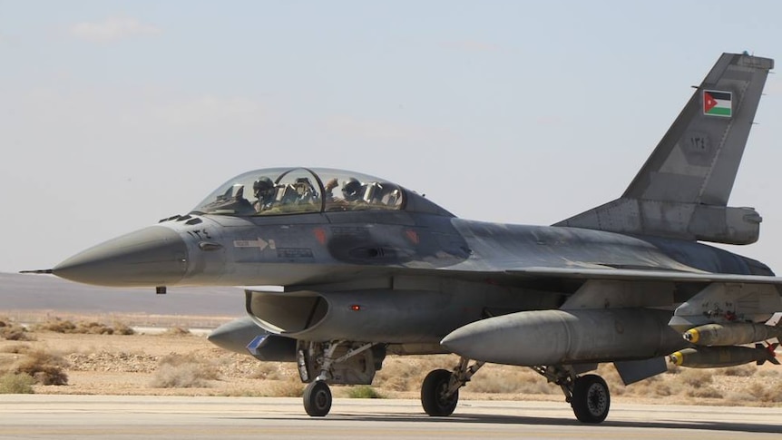 A Royal Jordanian Air Force jet gets set to take off in an air strike run against IS