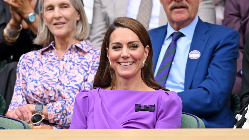 Princess Catherine smiles courtside at Wimbledon in a purple dress