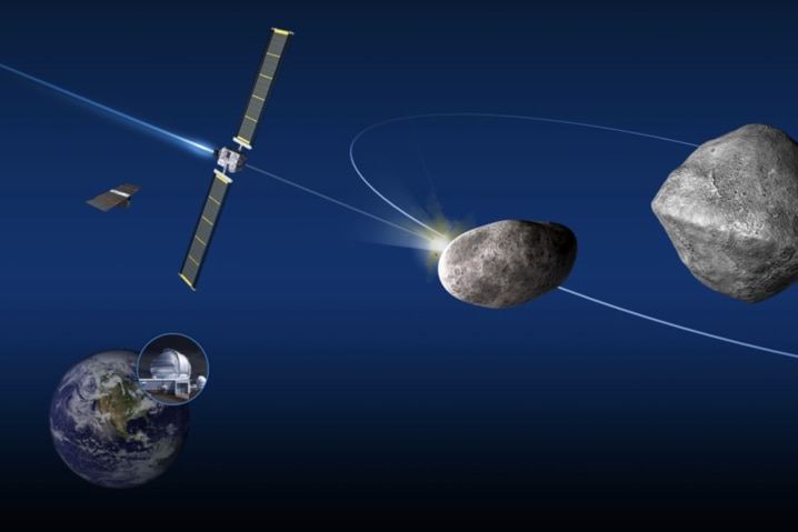 A schematic of NASA's DART, showing a satellite on course to knock a smaller asteroid out of its orbit around a larger one
