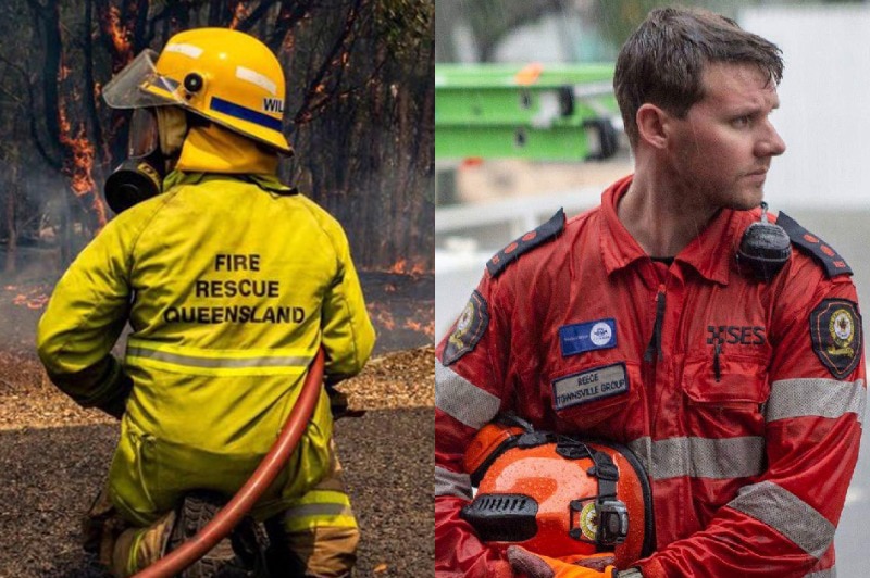 Composite image of firefighter during Qld bushfires in November 2018 and an SES volunteer in Qld floods in February 2019.