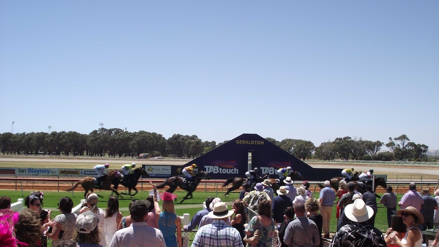 A crowd of people watch a horse race