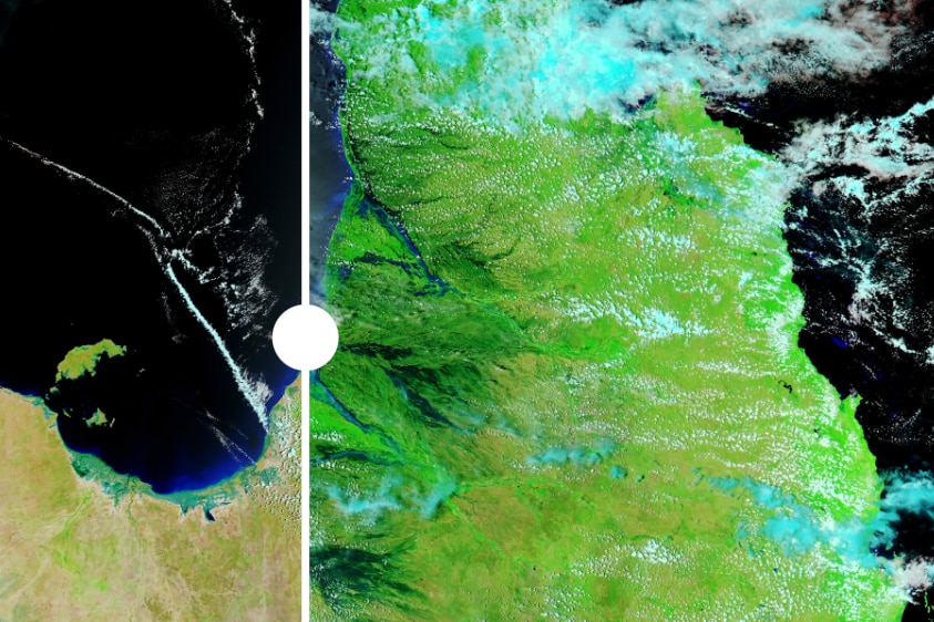 A satellite image of Queensland with a slider dividing a before-and-after s