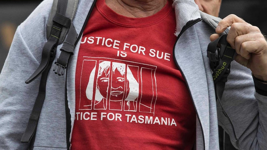 Susan Neill-Fraser supporter wearing a t-shirt outside her appeal hearing in Hobart.