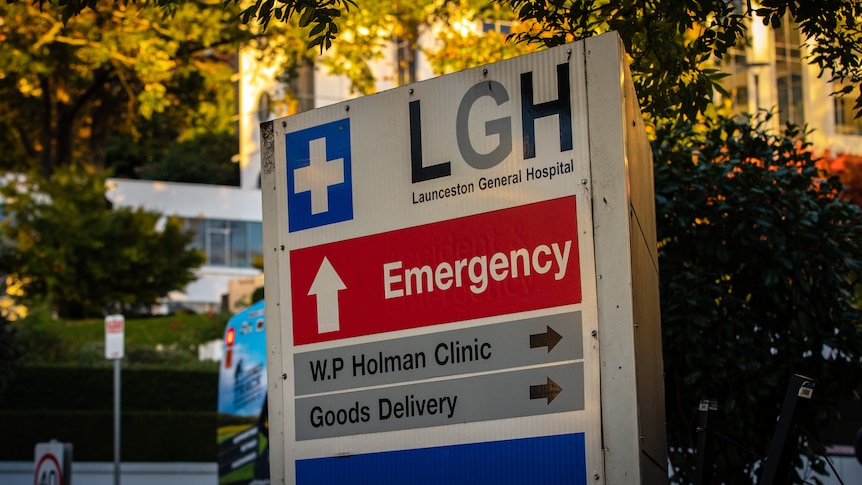 A sign sits outside Launceston General Hospital.