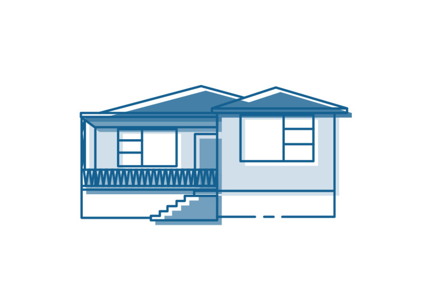 Icon drawing of an Australian house built in the 70's with verandah and brick stairs.