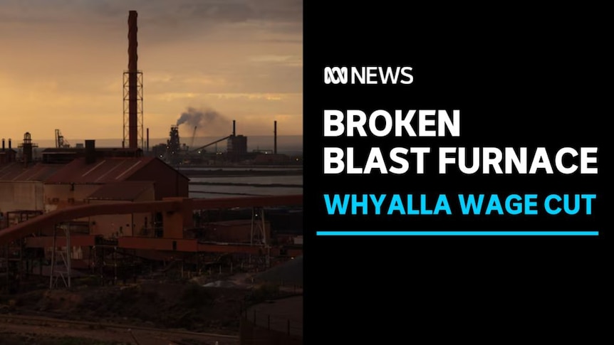 Broken Blast Furnace, Whyalla Wage Cut: Silhouete of a steelworks at dusk.